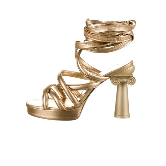 CHANEL Gold Heels with Strappy Design and Platform Sole - Picture 1 of 13
